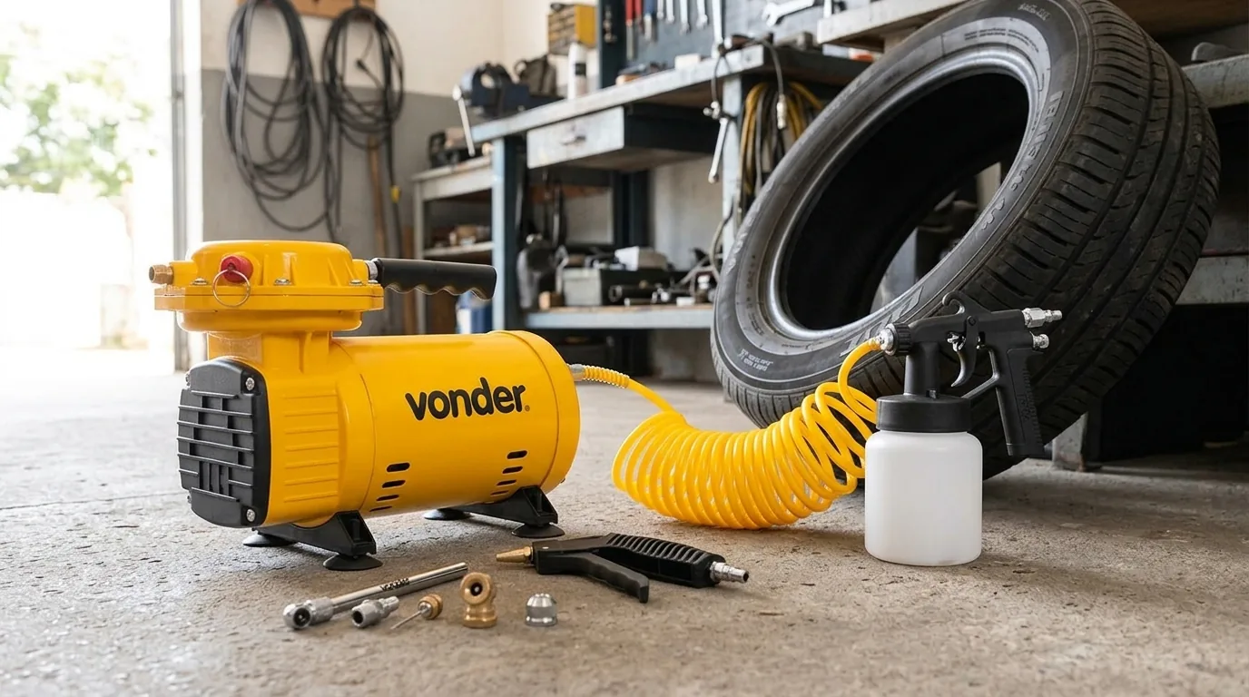 Compressor de ar direto Vonder numa garagem (cena ilustrativa a partir da foto do produto)