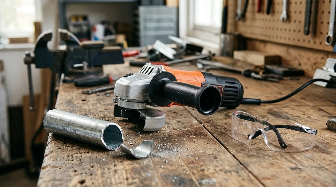 Esmerilhadeira Black+Decker com um cano cortado (cena ilustrativa a partir da foto do produto)