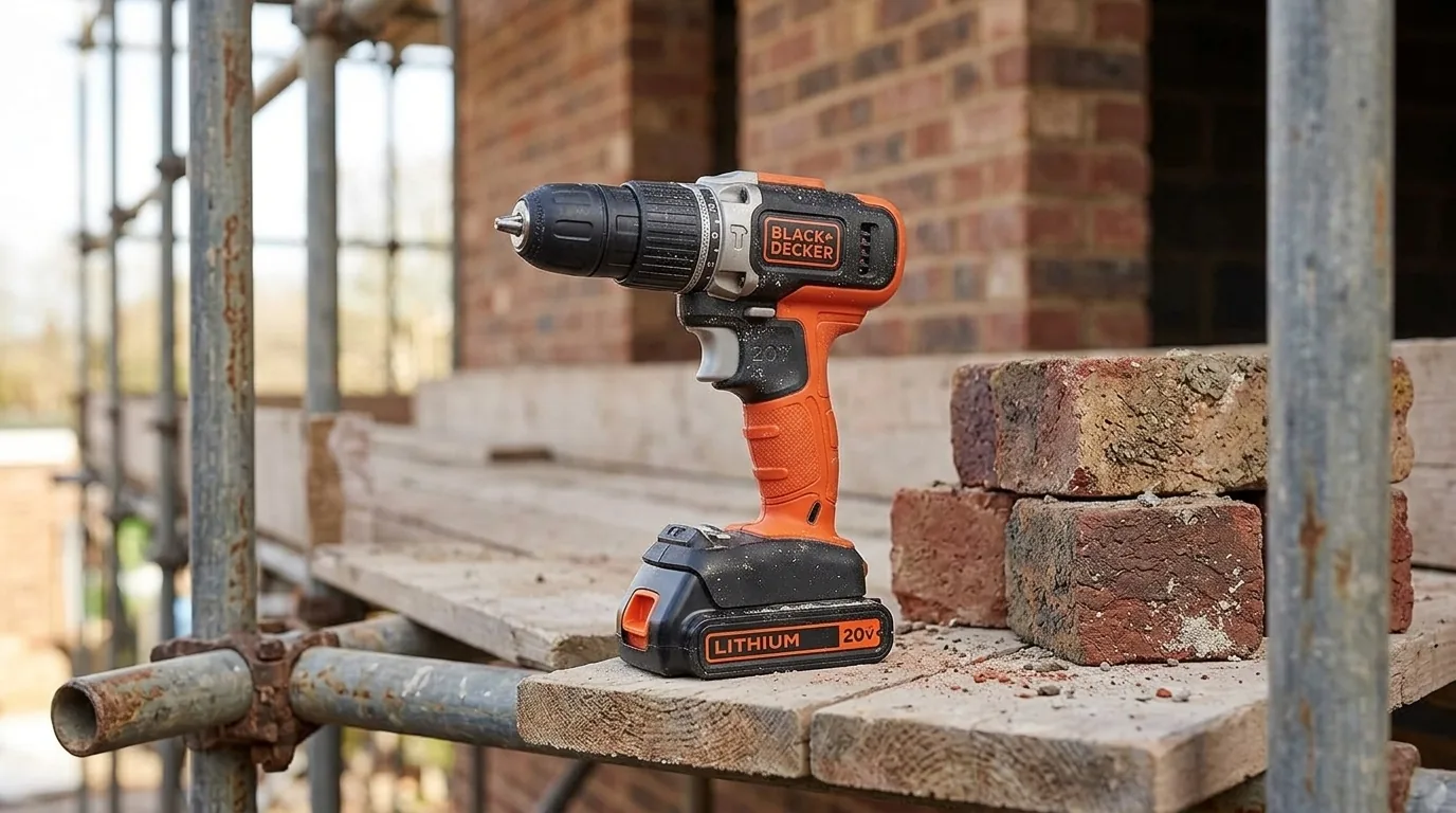Furadeira de impacto a bateria Black+Decker numa obra (cena ilustrativa a partir da foto do produto)