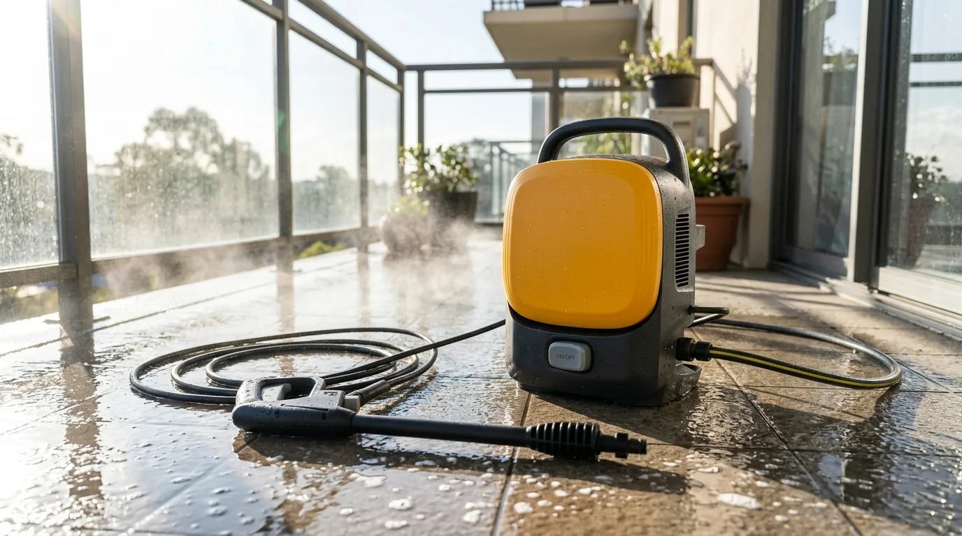 Lavadora Electrolux lavando o piso de uma varanda (cena ilustrativa a partir da foto do produto)