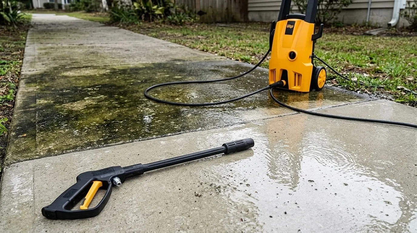 Lavadora WAP com bico turbo limpando calçada com limo (cena ilustrativa a partir da foto do produto)