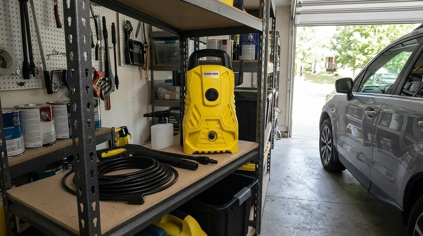 Lavadora compacta Kärcher guardada numa prateleira de garagem (cena ilustrativa)