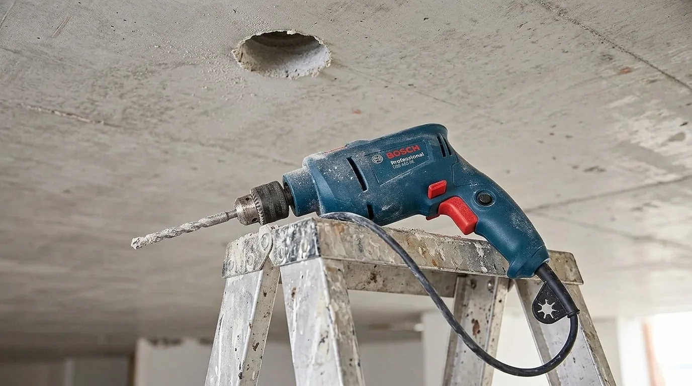 Furadeira de impacto Bosch encostada numa laje de concreto com furo recém feito (cena ilustrativa a partir da foto do produto)