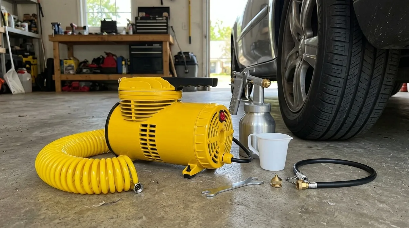 Compressor de ar direto Tekna com kit numa garagem (cena ilustrativa a partir da foto do produto)