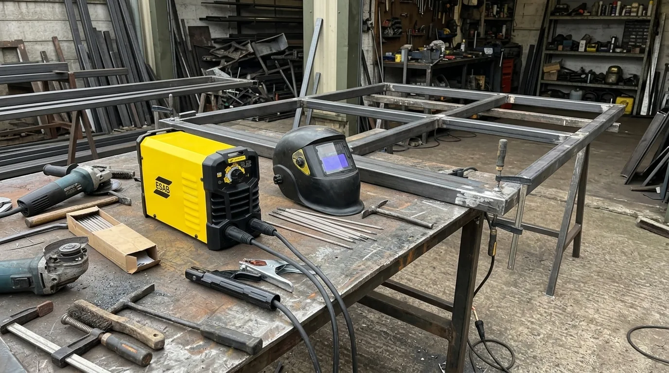 Inversor de solda ESAB com máscara automática e eletrodos (cena ilustrativa a partir da foto do produto)