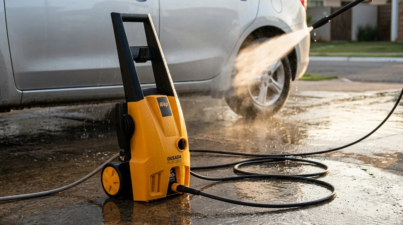 Lavadora de alta pressão WAP Ousada Plus 2200 em uso numa calçada ao lado de um carro (cena ilustrativa a partir da foto do produto)