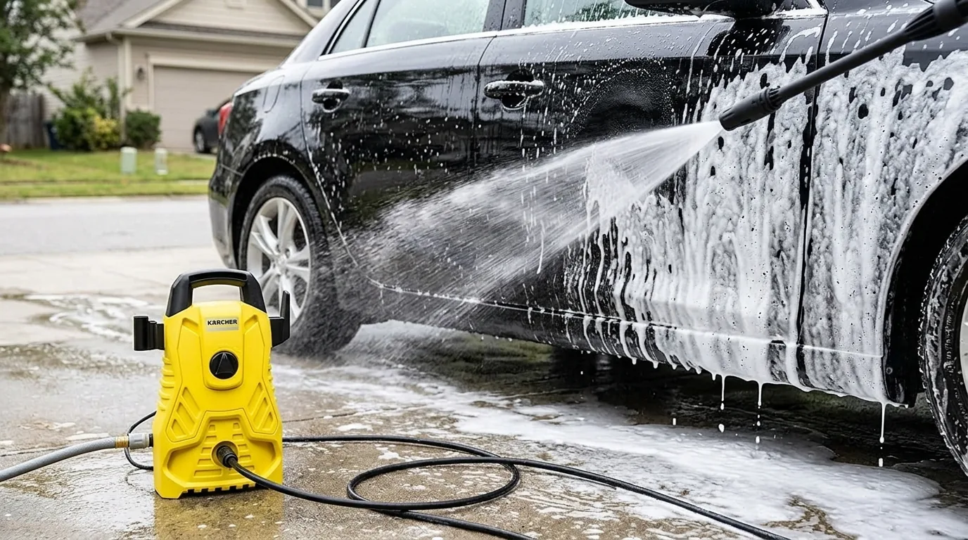 Lavadora Kärcher compacta lavando um carro com bico leque (cena ilustrativa a partir da foto do produto)