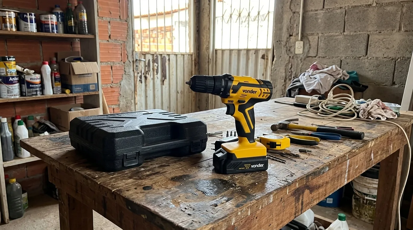 Parafusadeira Vonder numa bancada de garagem (cena ilustrativa a partir da foto do produto)